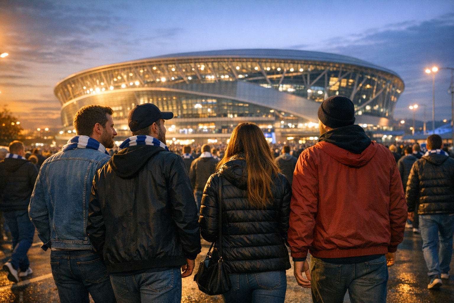 Friends heading to a football stadium on matchday